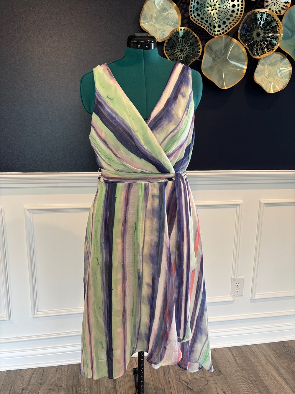 DKNY Pastel Striped Wrap Midi Dress Sleeveless Lavender Mint Navy Flowy Size 14